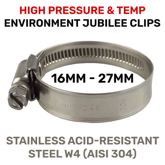 16 - 27mm Clip 12MM Hose Worm Drive Hose Clamps W2 Cert Stainless STEEL