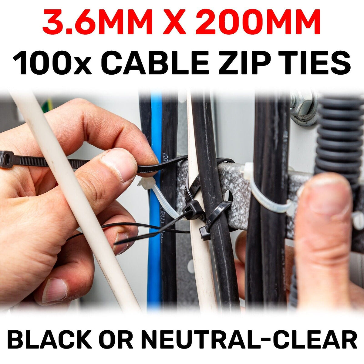 Black or White Cable Ties, 18kg Break Strength, 3.6mm x 200mm