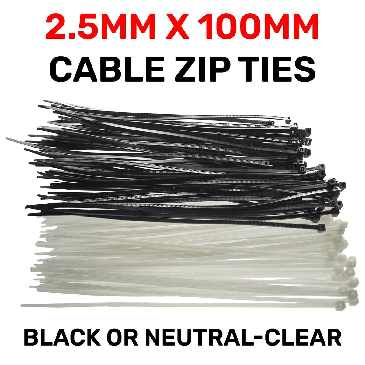 Black or White Cable Ties, 18kg Break Strength, 2.5mm x 100mm/ 150mm/ 200mm