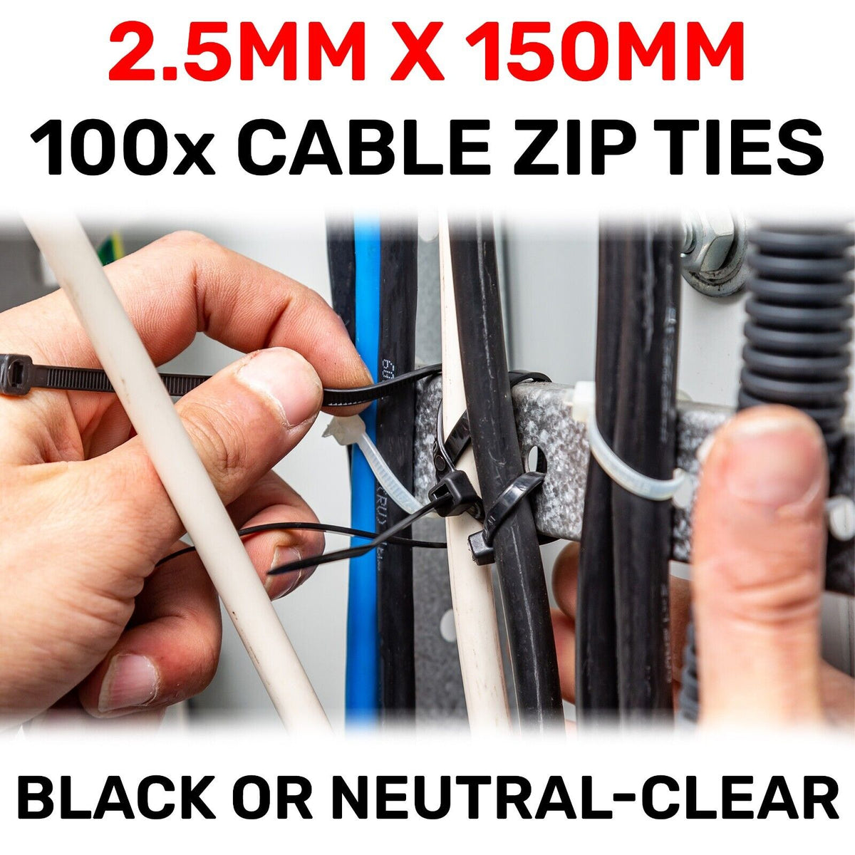 Black or White Cable Ties, 18kg Break Strength, 2.5mm x 100mm/ 150mm/ 200mm
