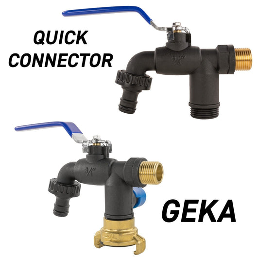 Black Nylon Plastic Garden Tap 1/2 & 3/4 BSP Dual Outlet with GEKA Option