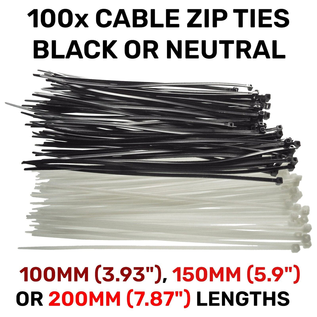 Black or White Cable Ties, 18kg Break Strength, 2.5mm x 100mm/ 150mm/ 200mm