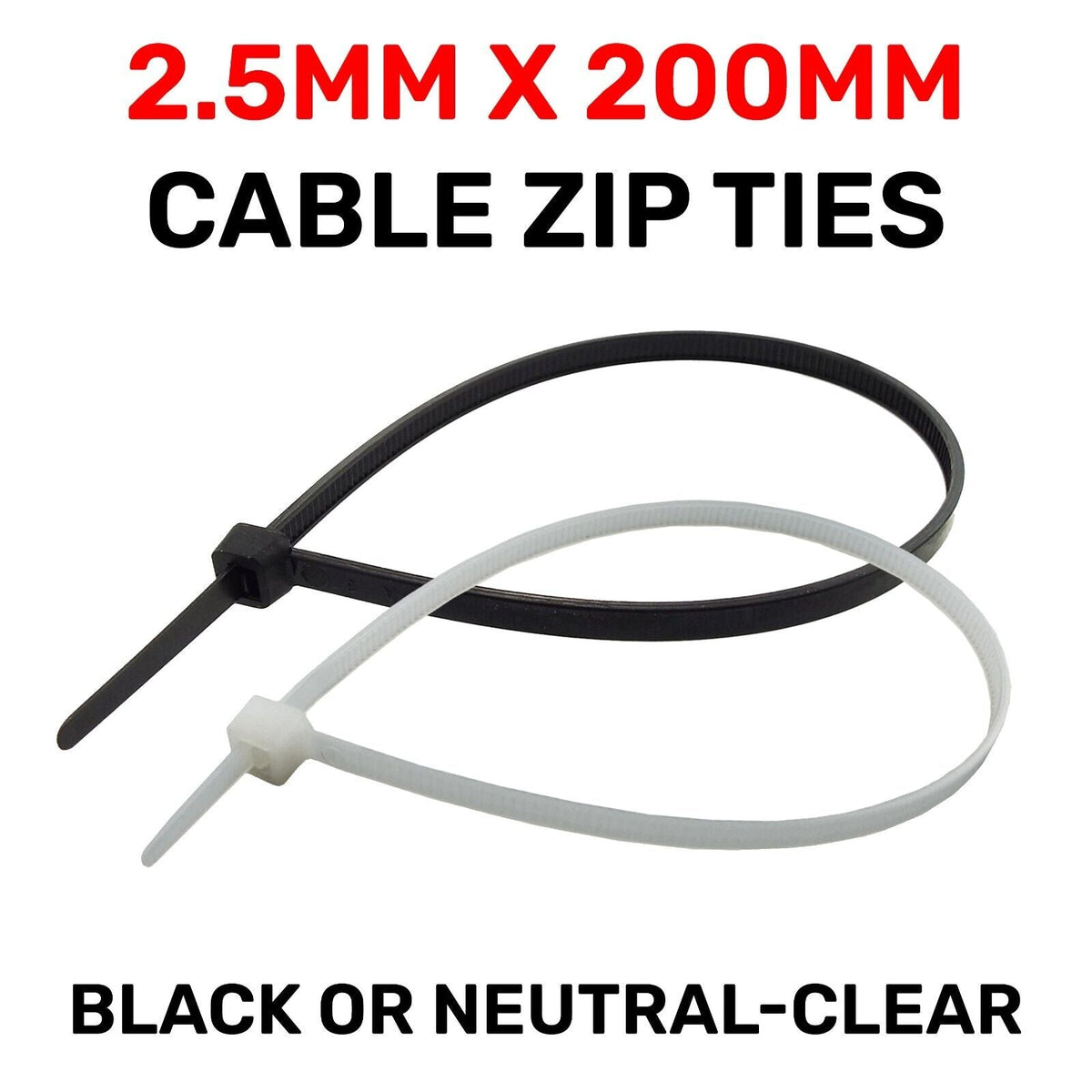 Black or White Cable Ties, 18kg Break Strength, 2.5mm x 100mm/ 150mm/ 200mm