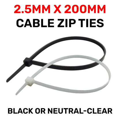 Black or White Cable Ties, 18kg Break Strength, 2.5mm x 100mm/ 150mm/ 200mm