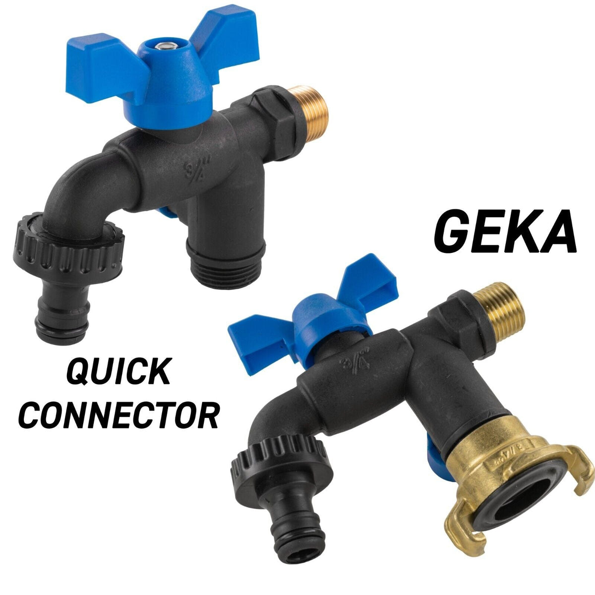 Black Nylon Plastic Garden Tap 1/2 & 3/4 BSP Dual Outlet with GEKA Option