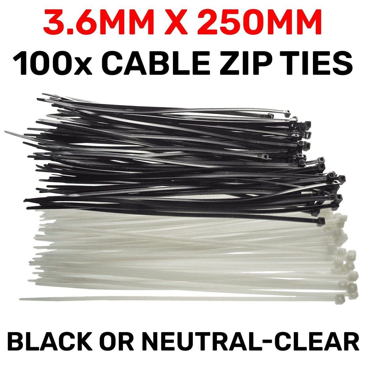 Black or White Cable Ties, 18kg Break Strength, 3.6mm x 250mm