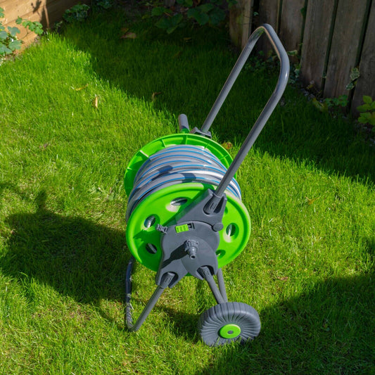 30m (100ft) Hose Reel Cart on Wheels – Portable with Foldable Handle