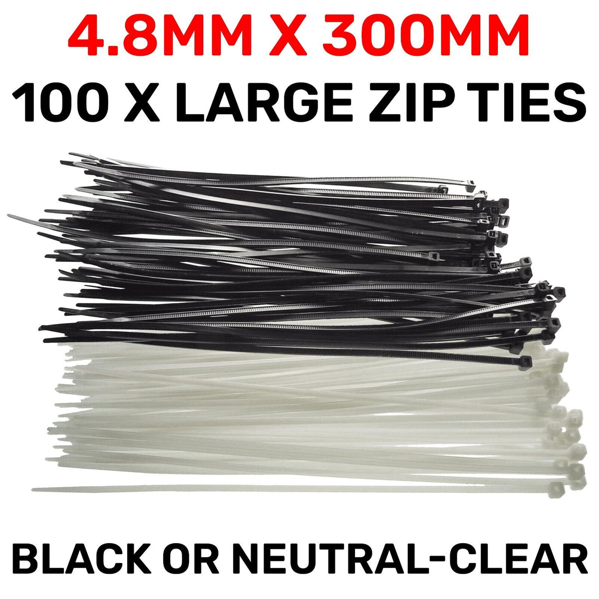 Black or White Cable Ties, 18kg Break Strength, 4.8mm x 300mm