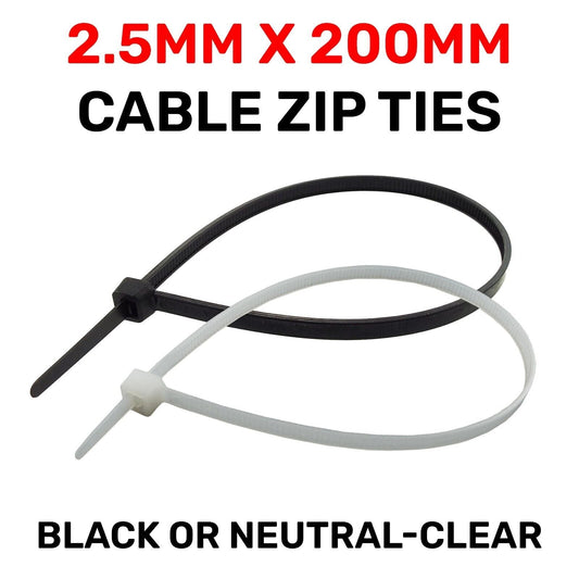 Black or White Cable Ties, 18kg Break Strength, 2.5mm x 200mm
