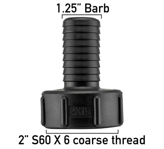 IBC S60X6 Tank Adapter, 60mm Coarse Thread to 1.25" (32mm) Barbed Hosetail