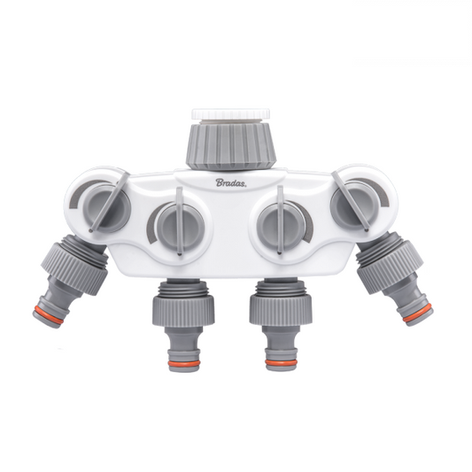 4-Way Tap Splitter Manifold – 1” & 3/4” BSP with Valves, Grey